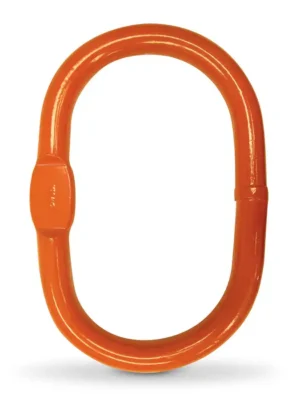 Orange-painted metal oval master link with a welded seam on one side, used for lifting or rigging applications, isolated on a white background.