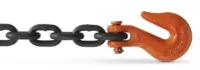 Black metal chain attached to an orange metal hook against a white background.