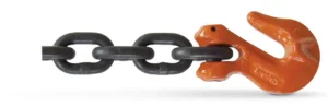 A black metal chain with a large orange metal hook attached on the right side, displayed on a white background.