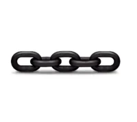 A horizontal section of four black metal chain links on a white background.