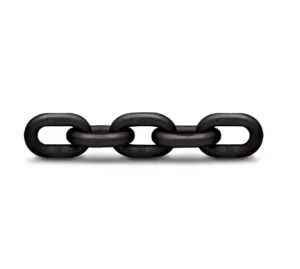 A horizontal section of four black metal chain links on a white background.