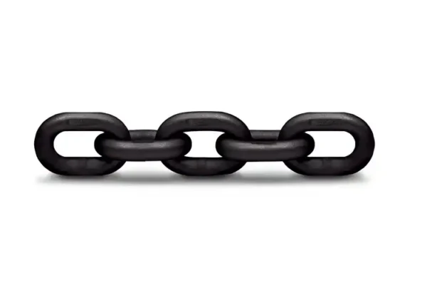 A horizontal section of four black metal chain links on a white background.