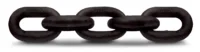 A close-up view of a horizontal, heavy-duty black metal chain with four links, isolated on a white background.