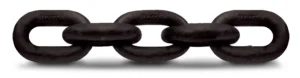 A close-up view of a horizontal, heavy-duty black metal chain with four links, isolated on a white background.