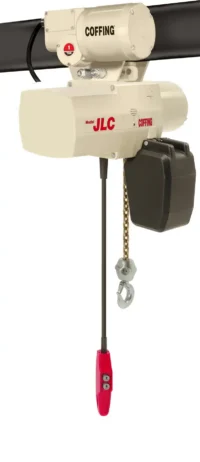 An electric chain hoist with a pendant control, labeled "Coffing Model JLC," suspended from a beam.