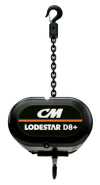 A CM Lodestar D8+ electric chain hoist with a black housing, chain, and upper hook, used for lifting and rigging applications.