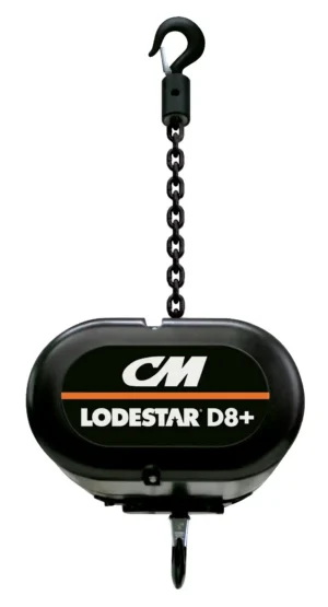 A CM Lodestar D8+ electric chain hoist with a black housing, chain, and upper hook, used for lifting and rigging applications.