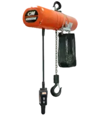 An orange CM Lodestar electric chain hoist with a control pendant, hanging chain, and a black lifting hook.