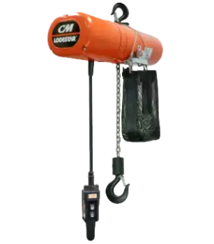 An orange CM Lodestar electric chain hoist with a control pendant, hanging chain, and a black lifting hook.