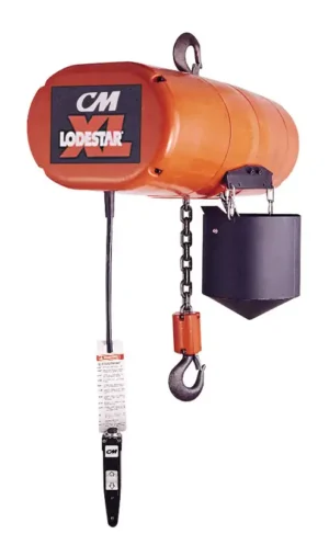 Orange CM Lodestar XL electric chain hoist with black chain, hook, control pendant, and labeled front panel.