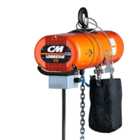Orange CM Lodestar VS electric chain hoist with attached chain bag, suspension hook, and control cable visible.