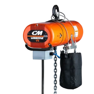 Orange CM Lodestar VS electric chain hoist with attached chain bag, suspension hook, and control cable visible.
