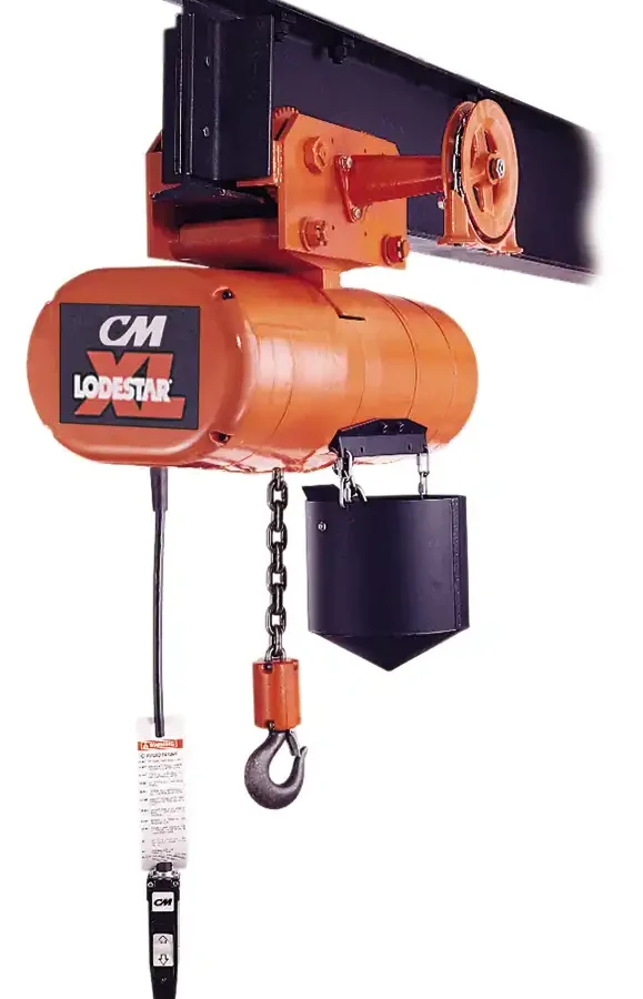 An orange CM Lodestar electric chain hoist mounted on a black steel beam, with a metal hook and a handheld control pendant hanging below.