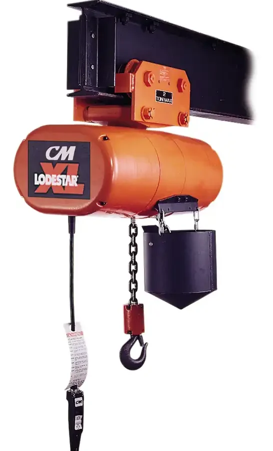 Orange CM Lodestar electric chain hoist with hook, suspended from a black I-beam, used for lifting heavy loads.