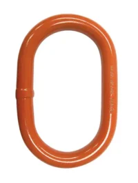 An orange metal oval-shaped master link with a seam on one side, used for heavy lifting or rigging applications.