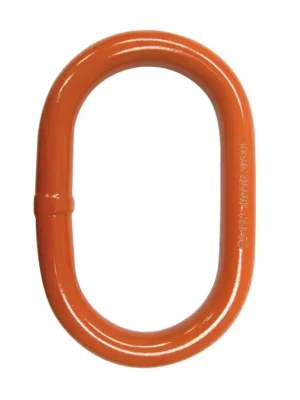An orange metal oval-shaped master link with a seam on one side, used for heavy lifting or rigging applications.