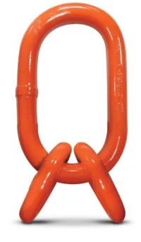 A large orange metal master link with two smaller orange sublinks attached at the bottom, used for heavy lifting or rigging applications.