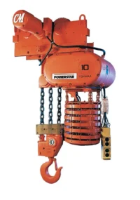 Orange industrial electric chain hoist with a labeled “Powerstar 10 ton max” capacity, metal chains, a large hook, and a yellow control pendant, isolated on white background.
