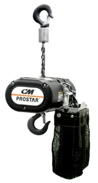 A black CM Prostar electric chain hoist with upper and lower hooks, chain, and a black mesh chain bag.
