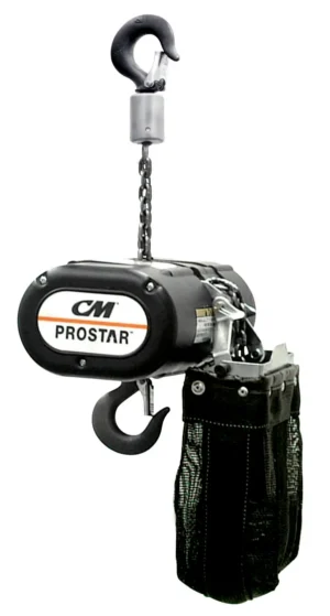 A black CM Prostar electric chain hoist with upper and lower hooks, chain, and a black mesh chain bag.