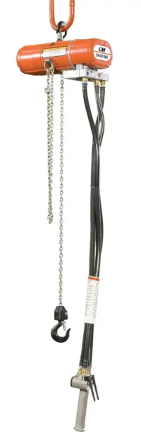 An industrial orange CM ShopAir air chain hoist with a hanging chain, black hook, and attached control pendant.