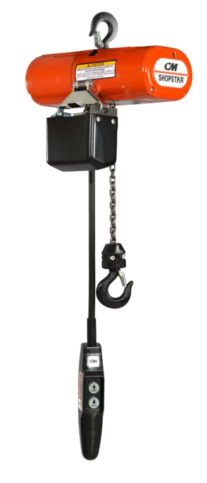 Orange CM ShopStar electric chain hoist with a control pendant, upper and lower hooks, and a hanging chain.