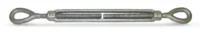 A metal turnbuckle with threaded eye bolts on both ends, used for adjusting tension in cables or ropes.