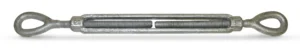 A metal turnbuckle with threaded eye bolts on both ends, used for adjusting tension in cables or ropes.
