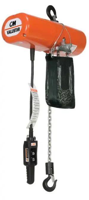 Orange CM Valustar electric chain hoist with a control pendant, black lifting hook, hanging chain bag, and warning label attached to the cord.