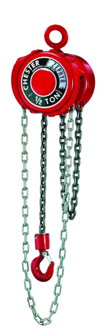 Red manual chain hoist with a circular label reading "Chester 1/2 Ton" and a hanging metal chain with a hook at the end.