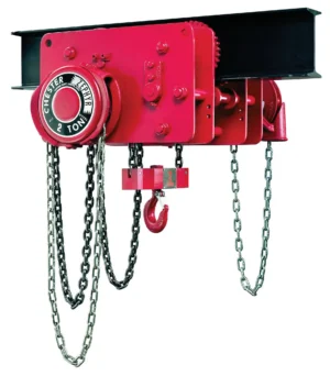 Red manual chain hoist with a 2-ton capacity, mounted on a steel beam, featuring chains and a hook for lifting heavy loads.