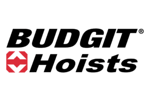 The Budgit Hoists logo features bold black text with a red geometric icon to the left of the word "Hoists" on a light background.