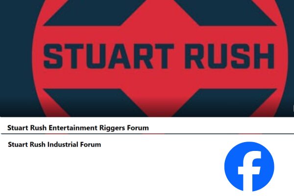 Red and black graphic with "STUART RUSH" in bold letters, forum links below, and a blue Facebook logo in the bottom right corner.