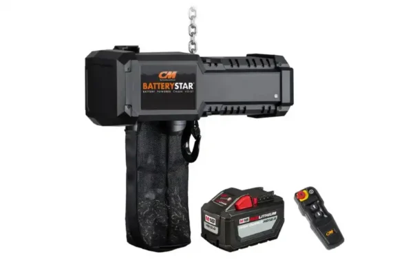 A black CM Battery Star portable electric hoist with a chain, a detachable lithium-ion battery, and a remote control, displayed on a white background.