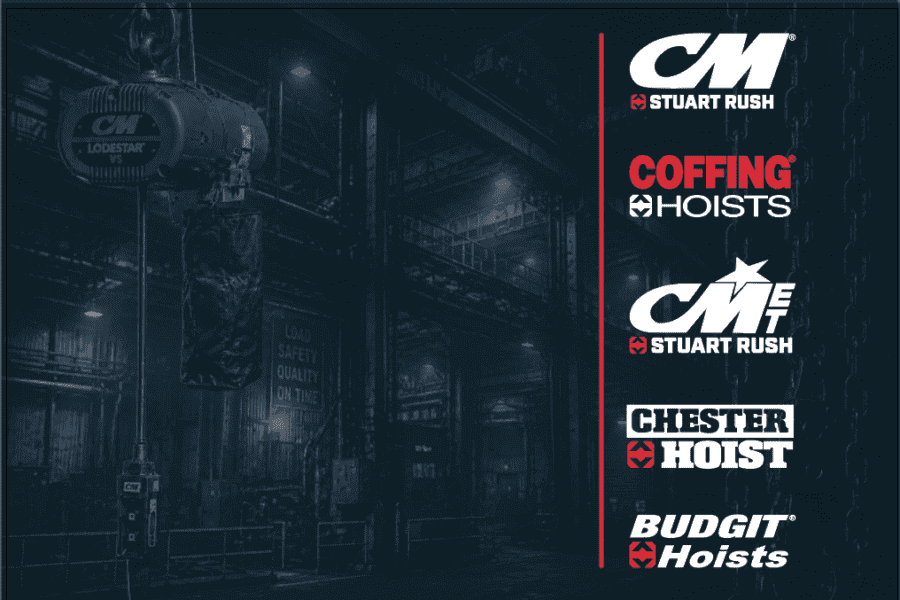 Industrial hoist hangs in dimly lit warehouse; logos for CM, Coffing Hoists, CM ET, Chester Hoist, and Budgit Hoists are displayed on the right.