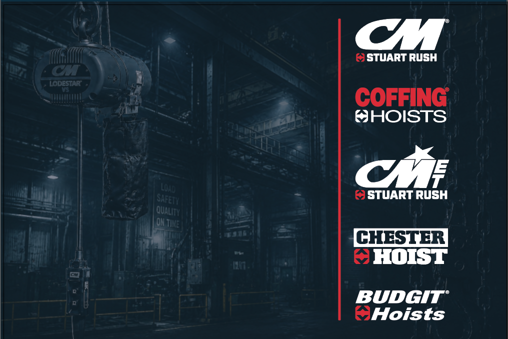 Industrial hoist hangs in dimly lit warehouse; logos for CM, Coffing Hoists, CM ET, Chester Hoist, and Budgit Hoists are displayed on the right.