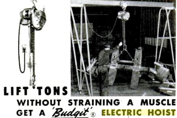 An electric hoist lifts heavy machinery as a worker operates it; text promotes the hoist’s ability to lift tons effortlessly.