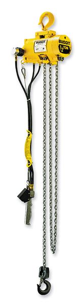 Yellow electric chain hoist with control pendant, metal chains, top swivel hook, and bottom lifting hook, labeled with a 2-ton capacity.