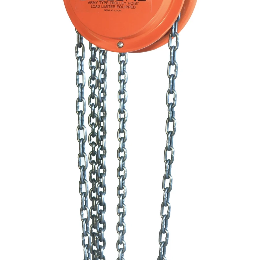 Orange manual chain hoist labeled "Cyclone," mounted on a beam with a "1 Ton Max" sign, featuring a chain and metal hook for lifting heavy loads.