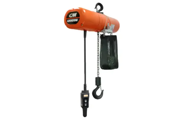An orange CM Lodestar electric chain hoist with a control pendant, chain bag, and black lifting hook, suspended against a white background.