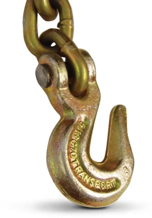 A close-up of a metal chain with a heavy-duty, gold-colored transport hook attached, shown against a white background.