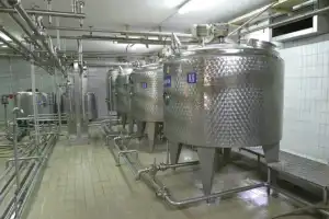 Rows of large stainless steel fermentation tanks in an industrial facility, connected by pipes and surrounded by tiled walls and floors.