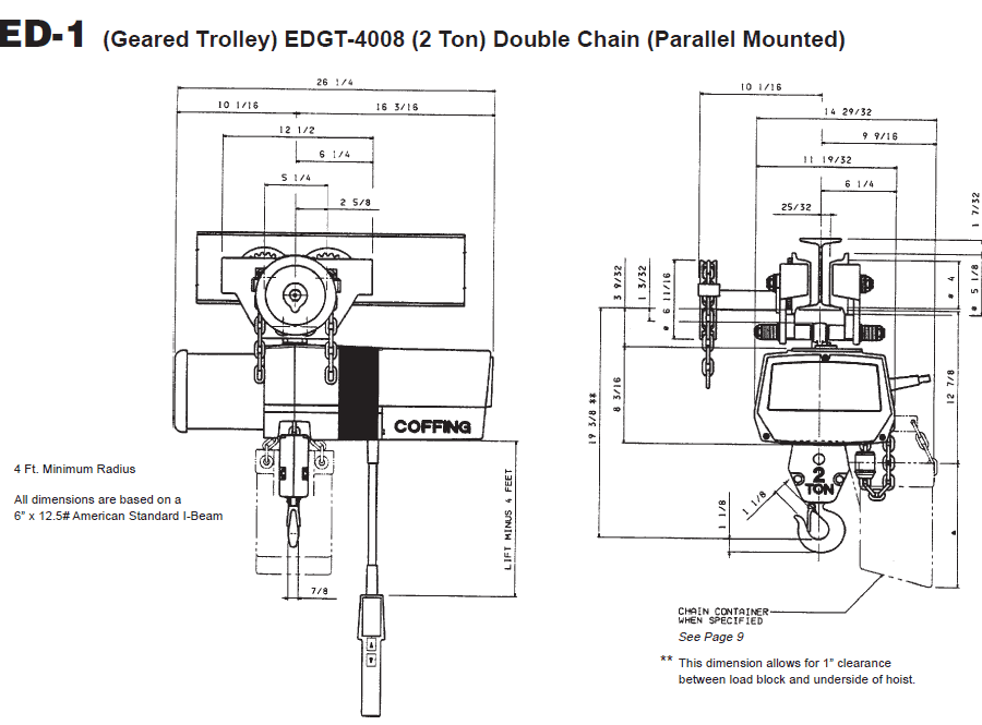 Technical drawing of a Coffing EDGT-4008 geared trolley hoist, 2-ton capacity, with labeled dimensions and details for double chain, parallel mounted configuration.
