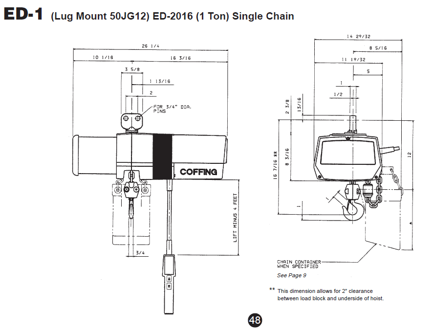 Technical diagram of a Coffing ED-2016 single chain hoist (1 ton, lug mount) with labeled dimensions and lift ring details.