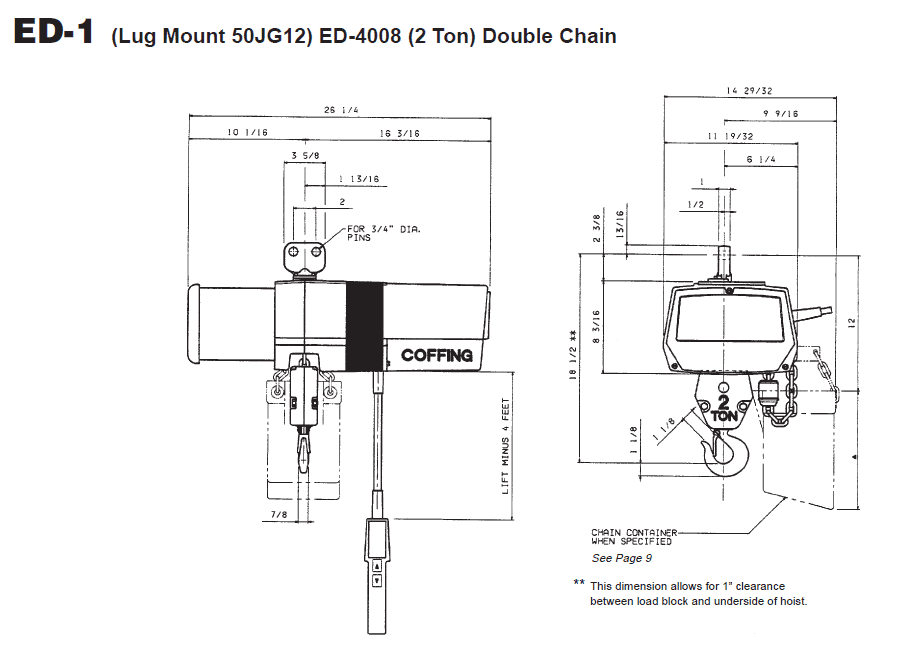 Technical drawing of a Coffing ED-1 double chain hoist, showing front and side views with labeled dimensions and 2-ton capacity specification.