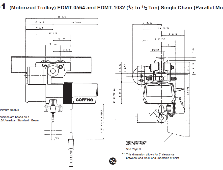 Technical diagram of a Coffing ED-1 motorized trolley hoist, showing front and side views with labeled dimensions and specifications for installation.