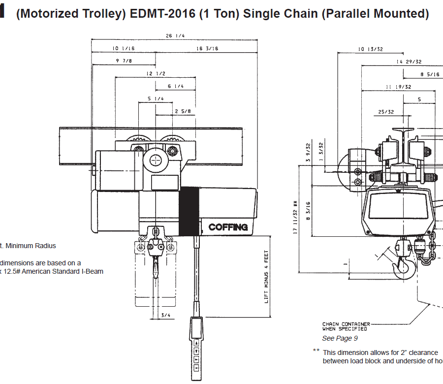 Technical drawing of the ED-1 motorized trolley hoist with labeled dimensions and specifications, showing front and side views, and indicating chain and hook placement.