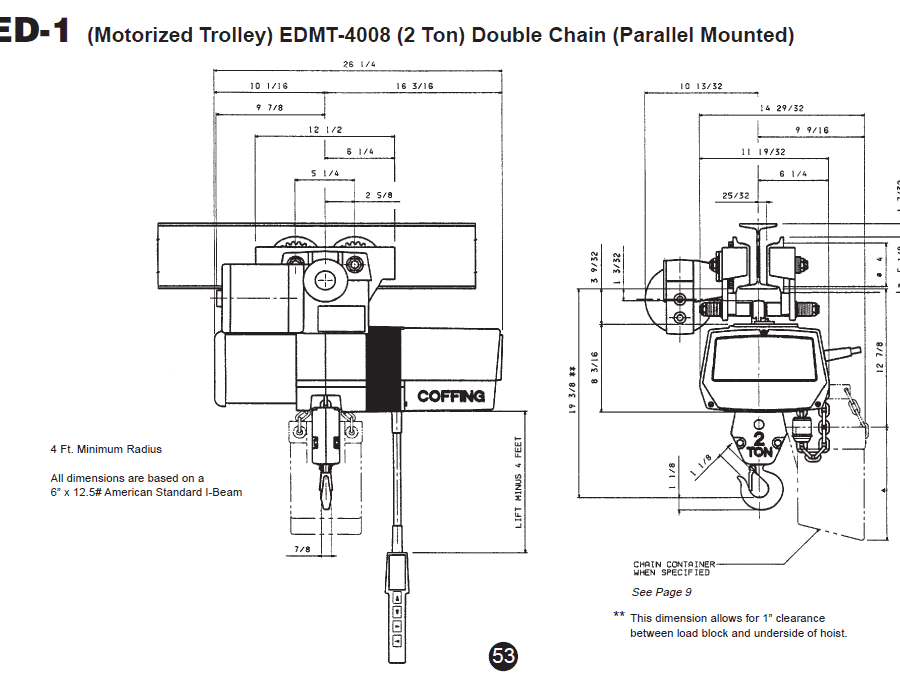 Technical diagram of the EDMT-4008 2-ton motorized trolley with double chain, showing front and side views with detailed measurements and specifications for parallel mounting.