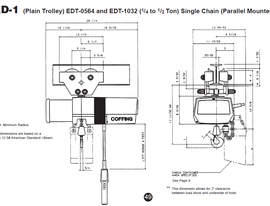Technical diagram of Coffing ED-1 plain trolley with labeled dimensions and clearances, showing front and side views for 1/4 to 1/2 ton single chain parallel mounted model.