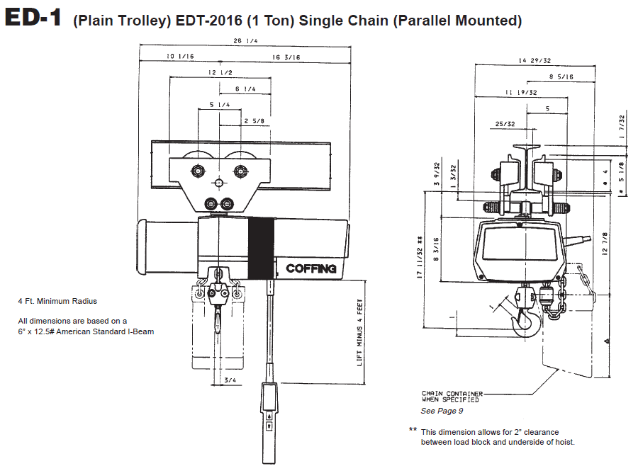 Technical diagram of a Coffing ED-1 plain trolley hoist, showing front and side views with detailed measurements and specifications for installation.